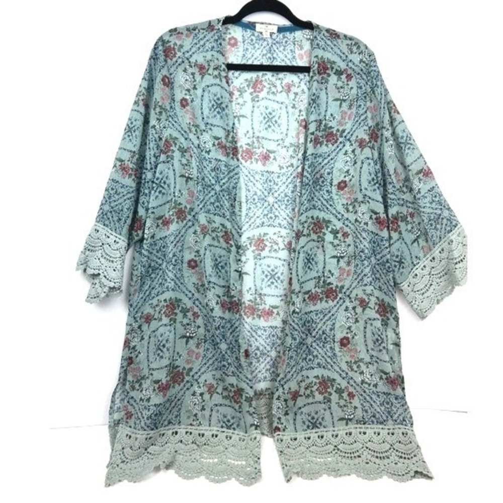 Mason & Belle Floral Medallion Crochet Lace Trim Kimono Wrap Blue XL